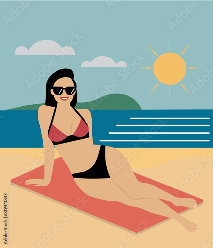 Vector illustration of a woman in bikini relaxing on sandy beach and having suntan in summer vacation.
