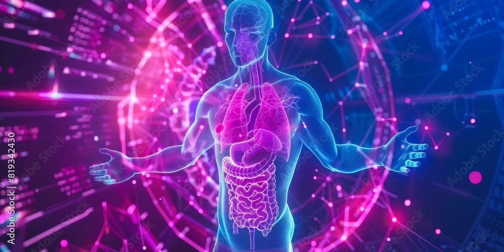 High-tech digital visualization of a human body with highlighted lungs and digestive system. Ideal for medical, anatomical, and tech content. High-tech digital visualization of a human body with highlighted lungs and digestive system. Ideal for medical, anatomical, and tech content.