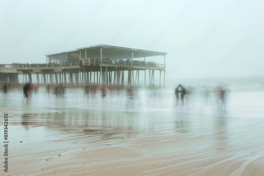 Ethereal beach scene with blurred figures and a solid pier structure captured in a long exposure shot