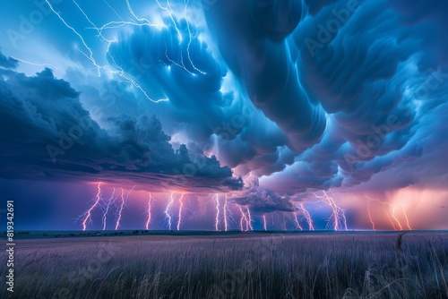 Enormous mammatus clouds loom over a serene landscape, illuminated by frequent lightning strikes in a breathtaking natural display