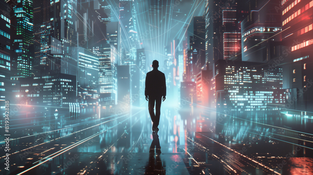 Businessman Standing in Middle of Urban Night City