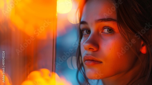 Close-shot of a young girl's face bathed in contrasting blue and orange light, giving the image a modern and artistic feel