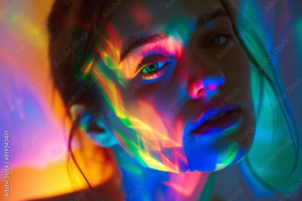 The side profile of a person is captured amid intense, colorful light flares, creating a visually striking and artistic effect The side profile of a person is captured amid intense, colorful light flares, creating a visually striking and artistic effect