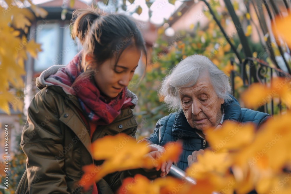 Young woman showing a smartphone to an interested elderly woman outdoors in autumn Young woman showing a smartphone to an interested elderly woman outdoors in autumn