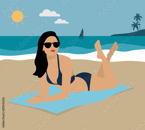 Vector illustration of a woman in bikini relaxing on sandy beach and having suntan in summer vacation.