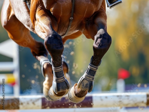 Horse Legs in JumpClose-up of horse legs mid-jump, showing strength and grace