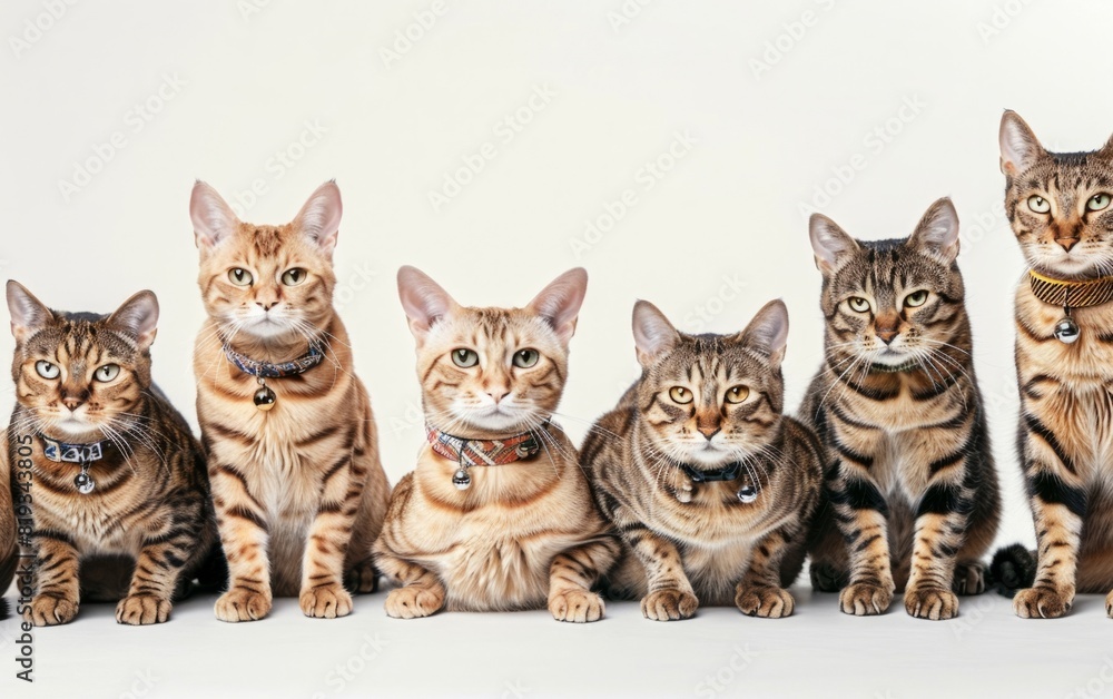 A lineup of diverse cats with unique patterns and collars on a white background.