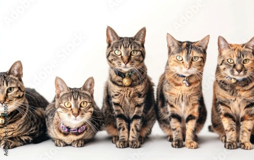 A lineup of diverse cats with unique patterns and collars on a white background.