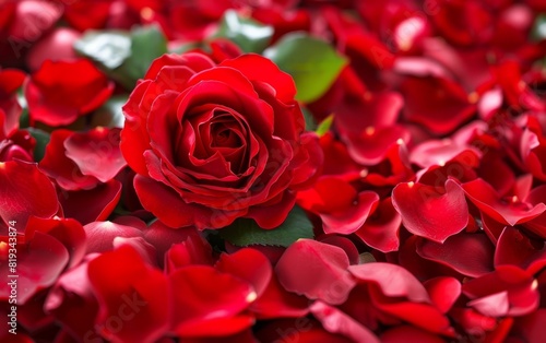 A pile of vibrant red rose petals scattered around a full bloom.