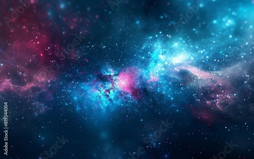 A vibrant cosmic tapestry of blue and magenta stardust scattered across the dark expanse. photo