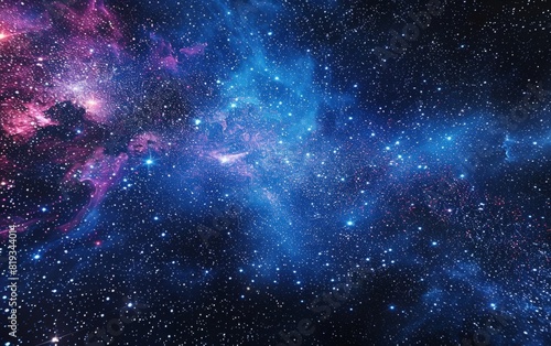 A vibrant cosmic tapestry of blue and magenta stardust scattered across the dark expanse.