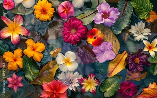 A vibrant tapestry of assorted flowers and leaves floating on water.