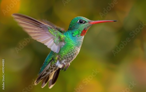 A vivid hummingbird in flight, showcasing iridescent green feathers and a red beak.