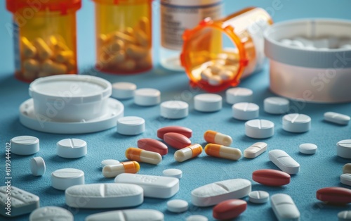 Assorted medications and pill bottles on a blue surface.
