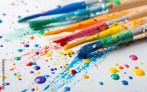 Assortment of colorful paint-splattered brushes on a white background.
