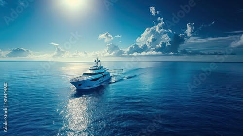 Luxury yacht cruising through deep blue ocean waters photo