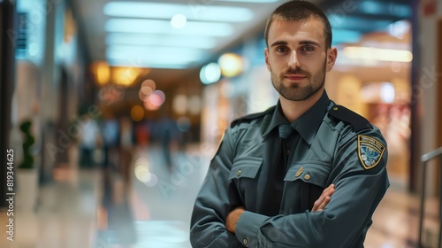 Male security guard in the shopping mall. Selective focus. Blurred background photo