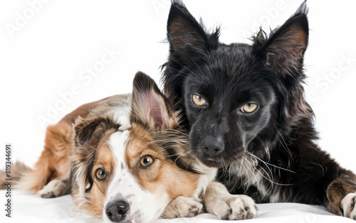 Bengal cat and Border Collie pose together against a white background. © Mark