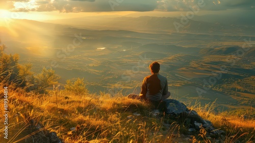 Man sitting on a hill looking at view of the majestic landscape at daytime, amazing sunlight © Ibad