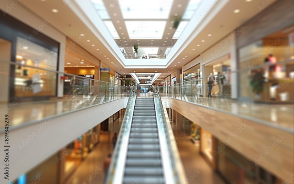 Blurred view of a modern shopping mall interior.