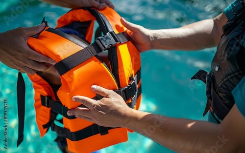 Hands securing a life jacket on a person by a pool.