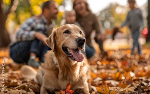 Happy family and dog enjoying autumn leaves in a park.