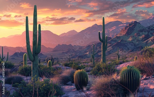 Desert landscape with towering cactus and rugged mountain backdrop at sunset. photo