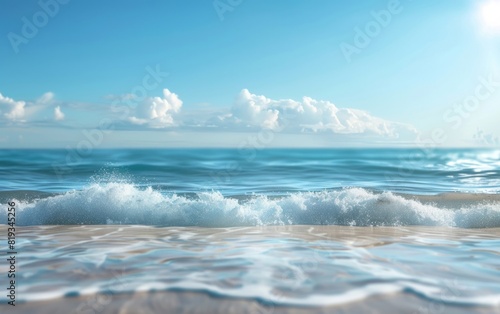 Blurred ocean waves under a bright  clear sky.