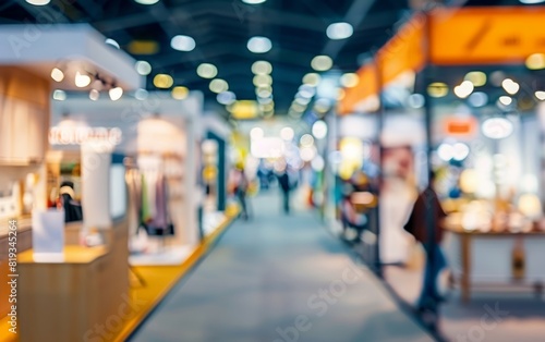Blurred view of a busy  brightly lit indoor expo center with multiple booths.