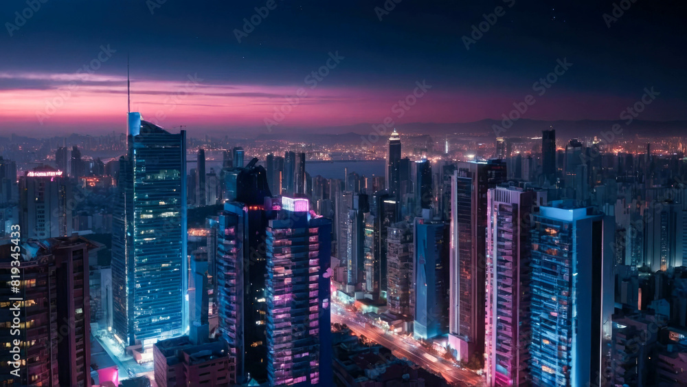 Obraz premium Futuristic city with skyscrapers and high-rise buildings, Spectacular nighttime in cyberpunk city of the futuristic fantasy world features skyscrapers and neon lights