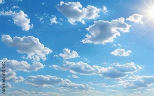 Bright blue sky dotted with fluffy white clouds.