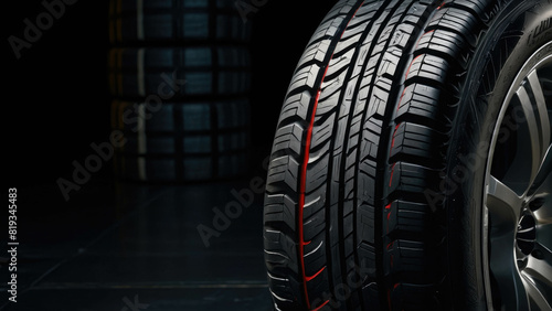 New car tires against dark background