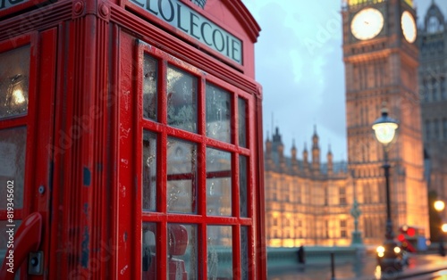 Iconic red telephone booth with the backdrop of London s historic architecture.