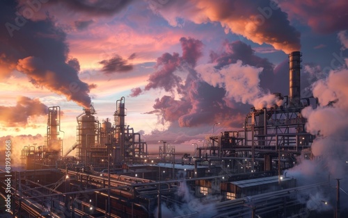 Industrial complex at dusk with smoke and vibrant clouds.