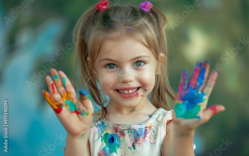 Joyful young girl with colorful paint on hands  smiling brightly.