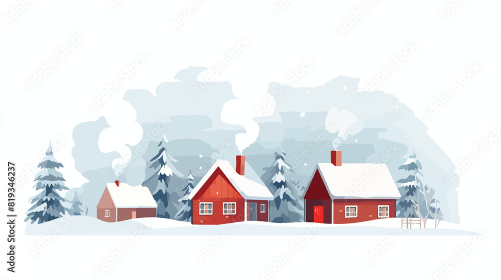 Winter house and barn roofs covered with snow smoke