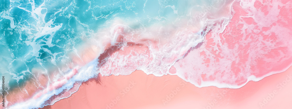Top view of an amazing beach with pastel pink and blue hues, featuring ample copy space for text or design