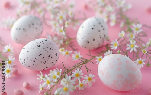 Easter eggs and small flowers on a pink backdrop.