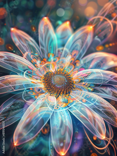 A vividly detailed psychedelic flower with a luminous effect