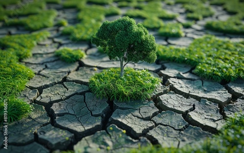 Lone tree straddling vibrant green grass and parched cracked earth. photo