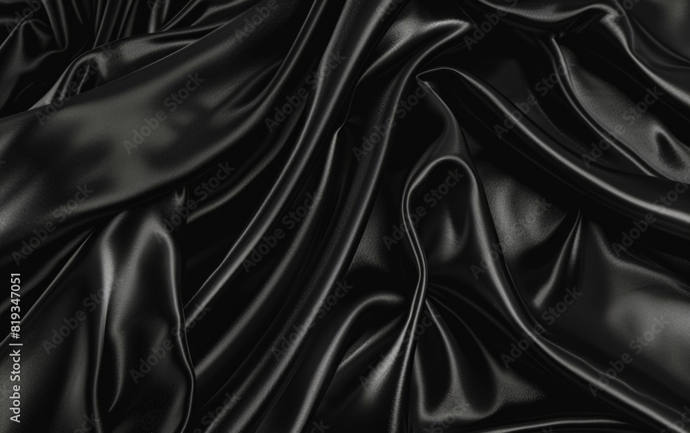Elegant black satin fabric draped gracefully with soft folds.