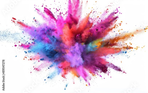 Vivid explosion of multicolored powder on a white background.