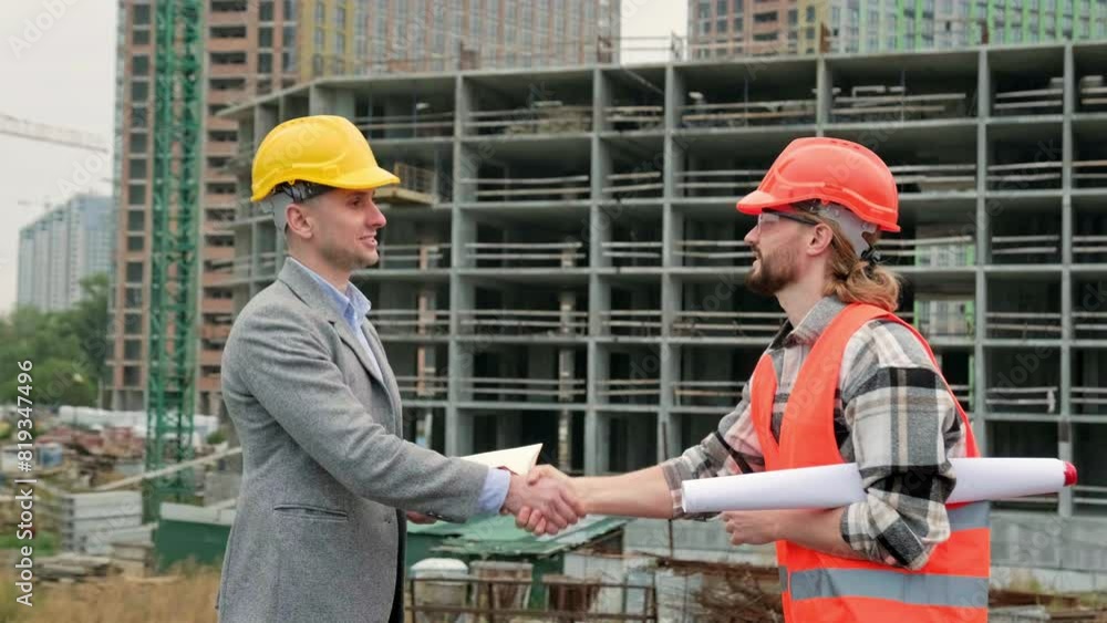 Building contractors exchanging handshake after site inspection Building contractors exchanging handshake after site inspection