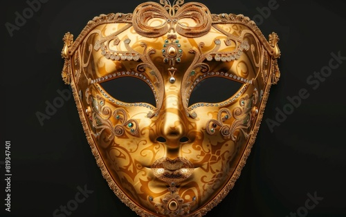 Elegant golden Venetian mask adorned with intricate designs and jewels.
