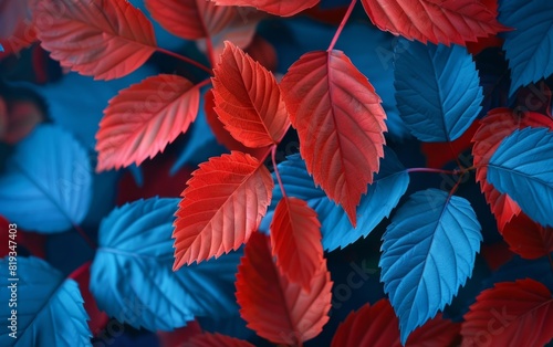 Vivid red and blue autumn leaves, creating an abstract, colorful display.