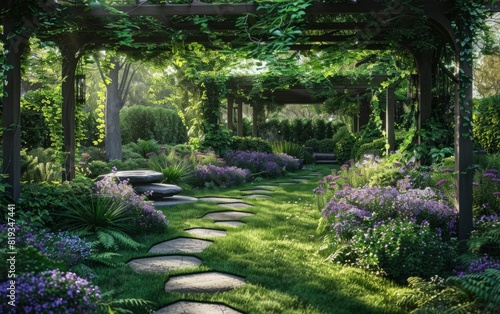 Lush garden with stepping stones path and a pergola covered with vines.