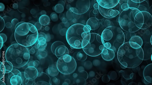 Seamless background with cyan transparent glowing circles transparent bubbles in random order on dark