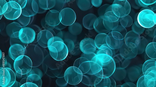 Seamless background with cyan transparent glowing circles transparent bubbles in random order on dark photo