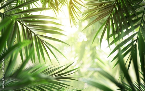 Lush green palm leaves arching elegantly against a bright background.