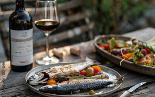 Elegant wine and fish meal setup on a rustic wooden table. photo
